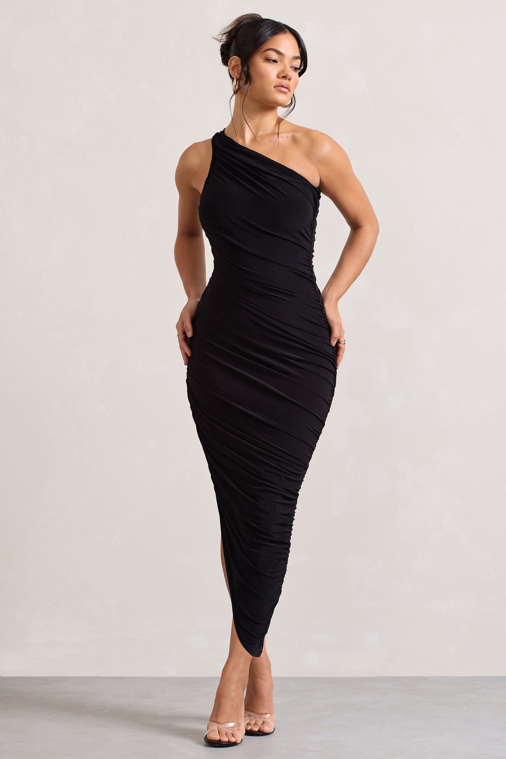 Dorit | Black One Shoulder Asymmetric Ruched Midi Dress sold by Club L London product image thumbnail 5