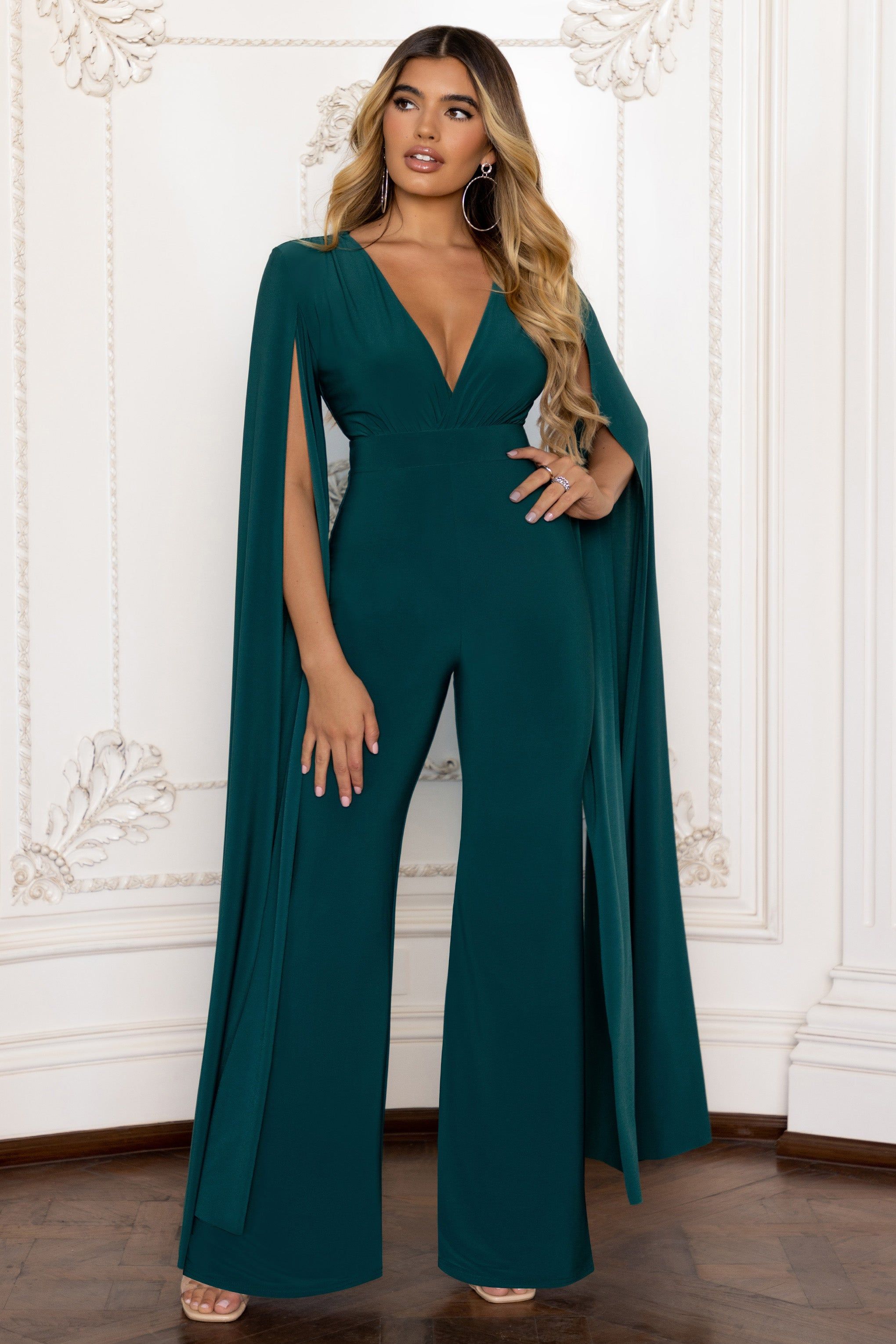 Triumph | Bottle Green Plunge Neck Cape Jumpsuit | Parallel