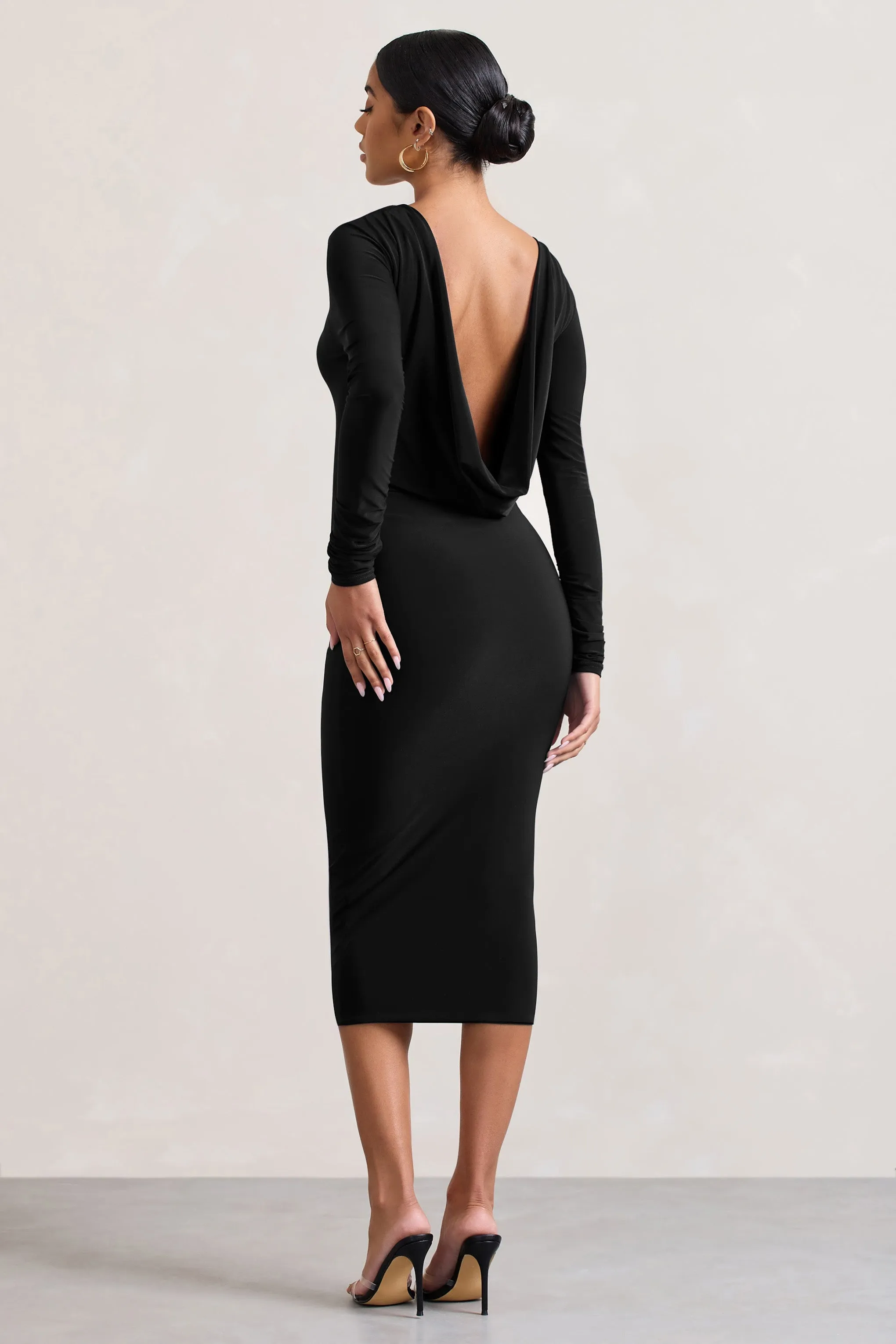 Dynasty Darling | Black Cowl-Back Long-Sleeved Bodycon Midi Dress sold by Club L London product image thumbnail 2