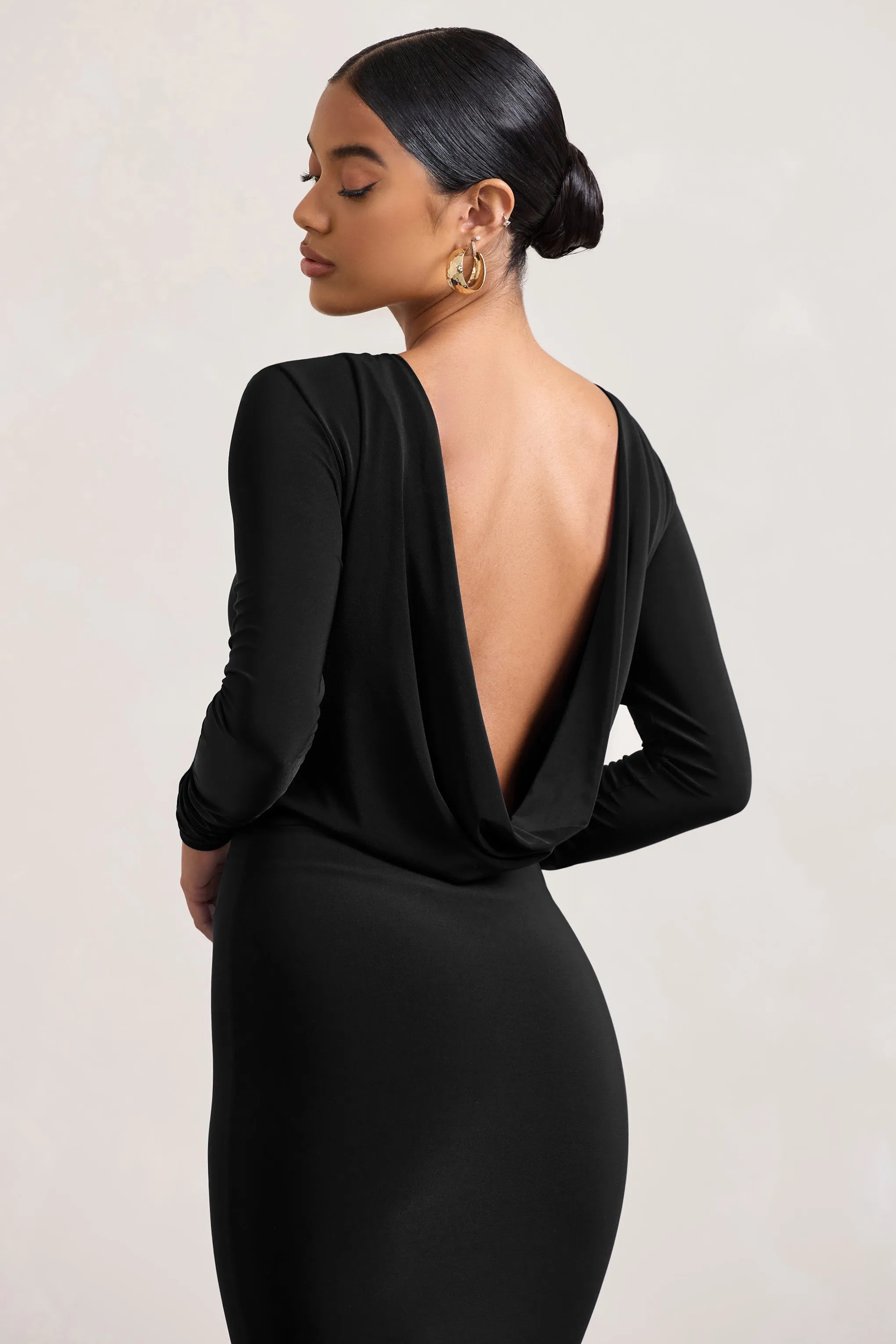 Dynasty Darling | Black Cowl-Back Long-Sleeved Bodycon Midi Dress sold by Club L London product image thumbnail 3