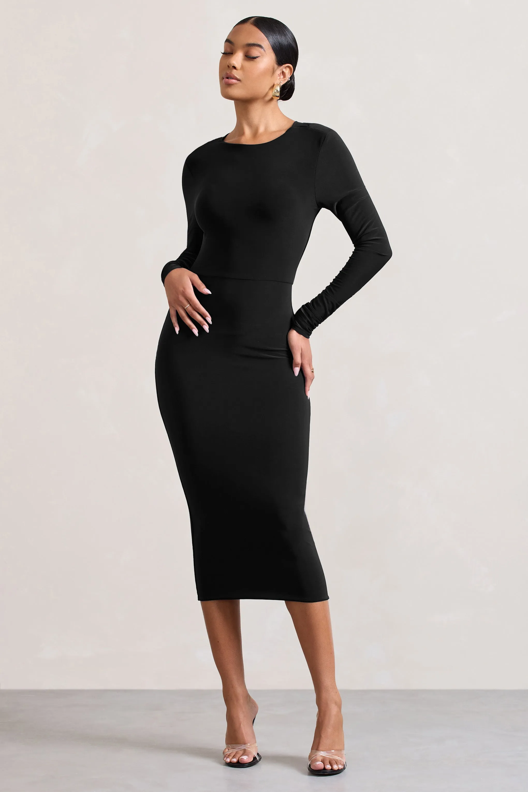 Dynasty Darling | Black Cowl-Back Long-Sleeved Bodycon Midi Dress sold by Club L London product image thumbnail 5