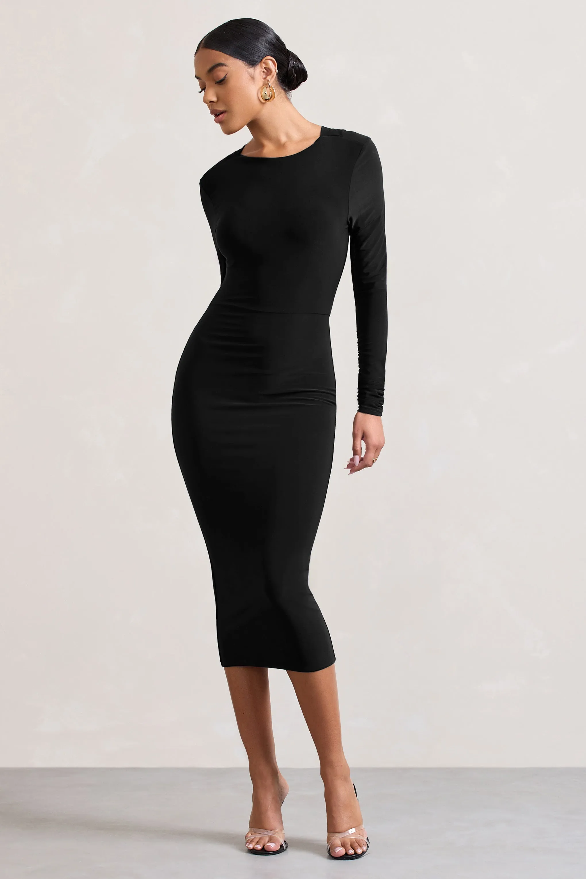 Dynasty Darling | Black Cowl-Back Long-Sleeved Bodycon Midi Dress sold by Club L London product image thumbnail 4