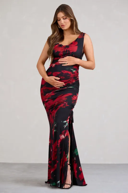 Phantasy | Red Floral Asymmetric Split Maternity Maxi Dress sold by Club L London
