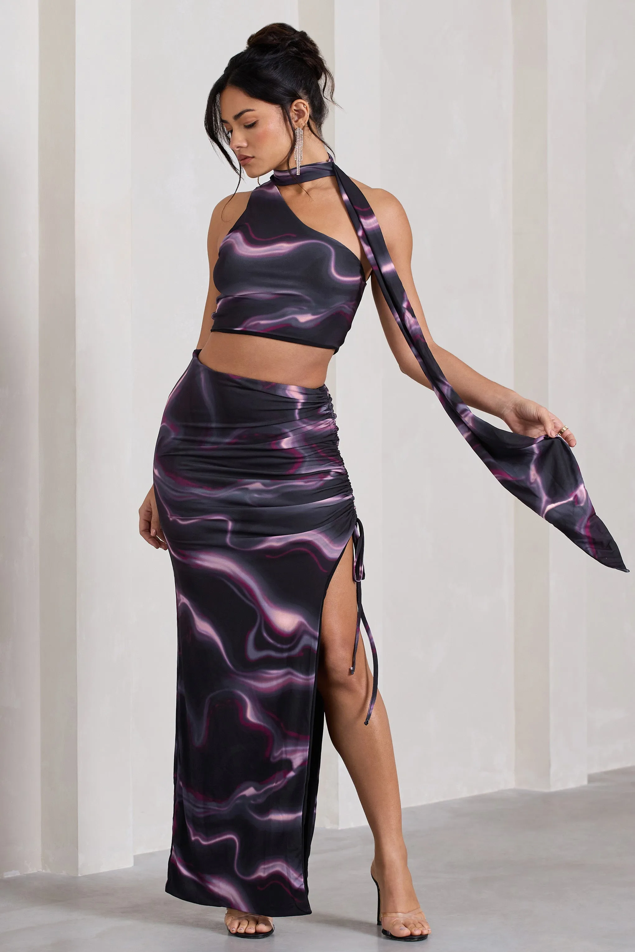 In The Air | Black Printed Ruched Asymmetric High-Waisted Maxi Skirt sold by Club L London product image thumbnail 4