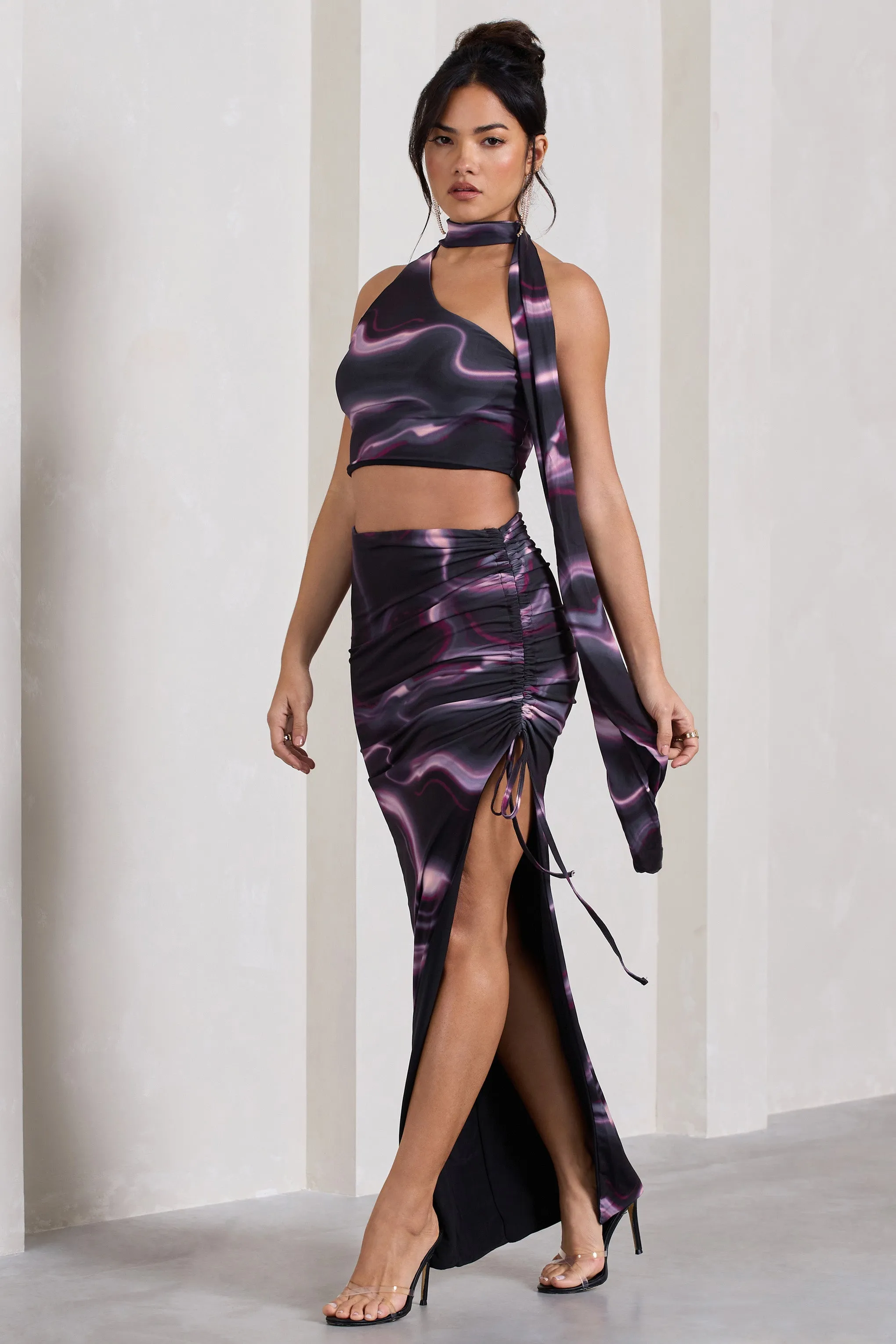In The Air | Black Printed Ruched Asymmetric High-Waisted Maxi Skirt sold by Club L London