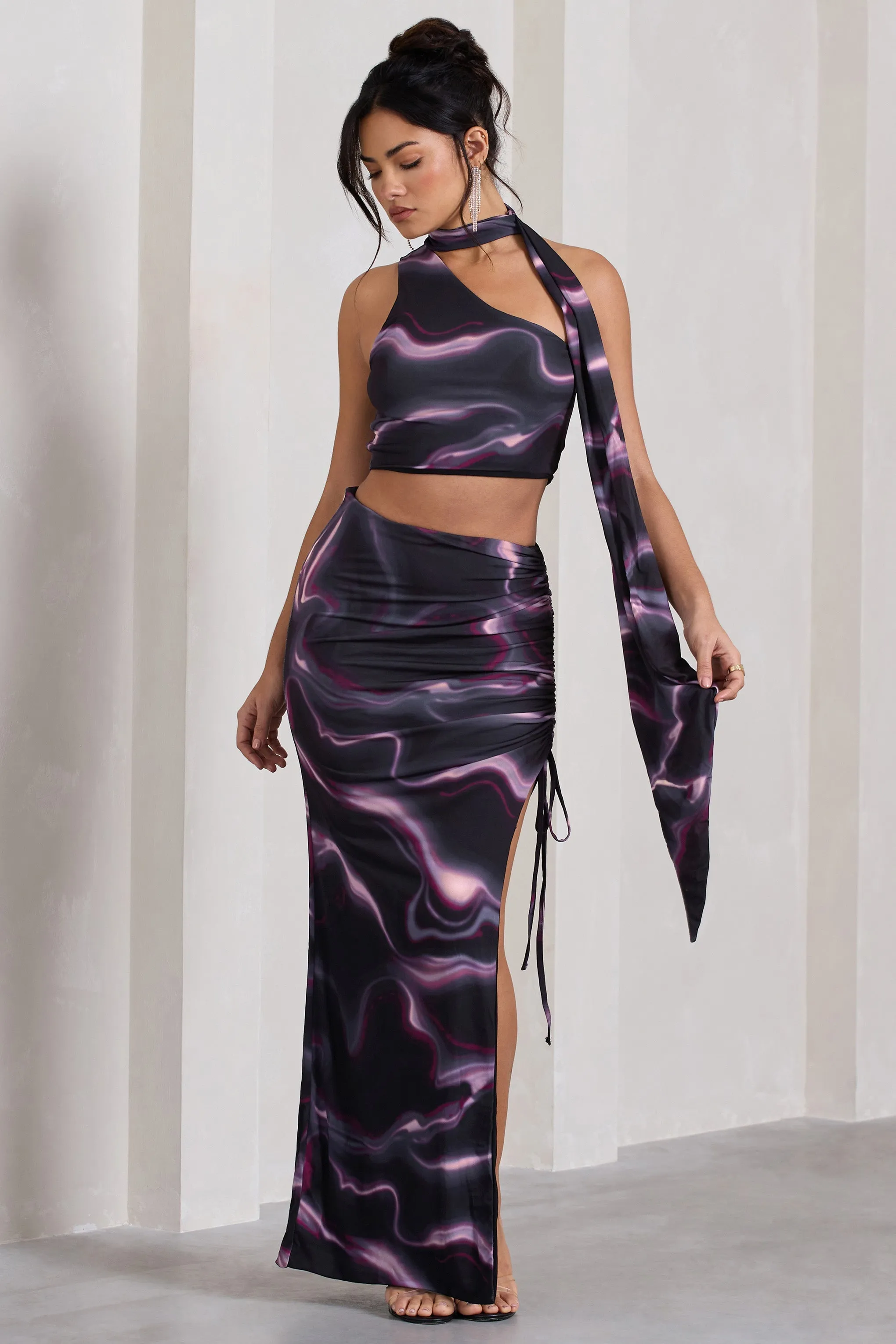 In The Air | Black Printed Ruched Asymmetric High-Waisted Maxi Skirt sold by Club L London product image thumbnail 5