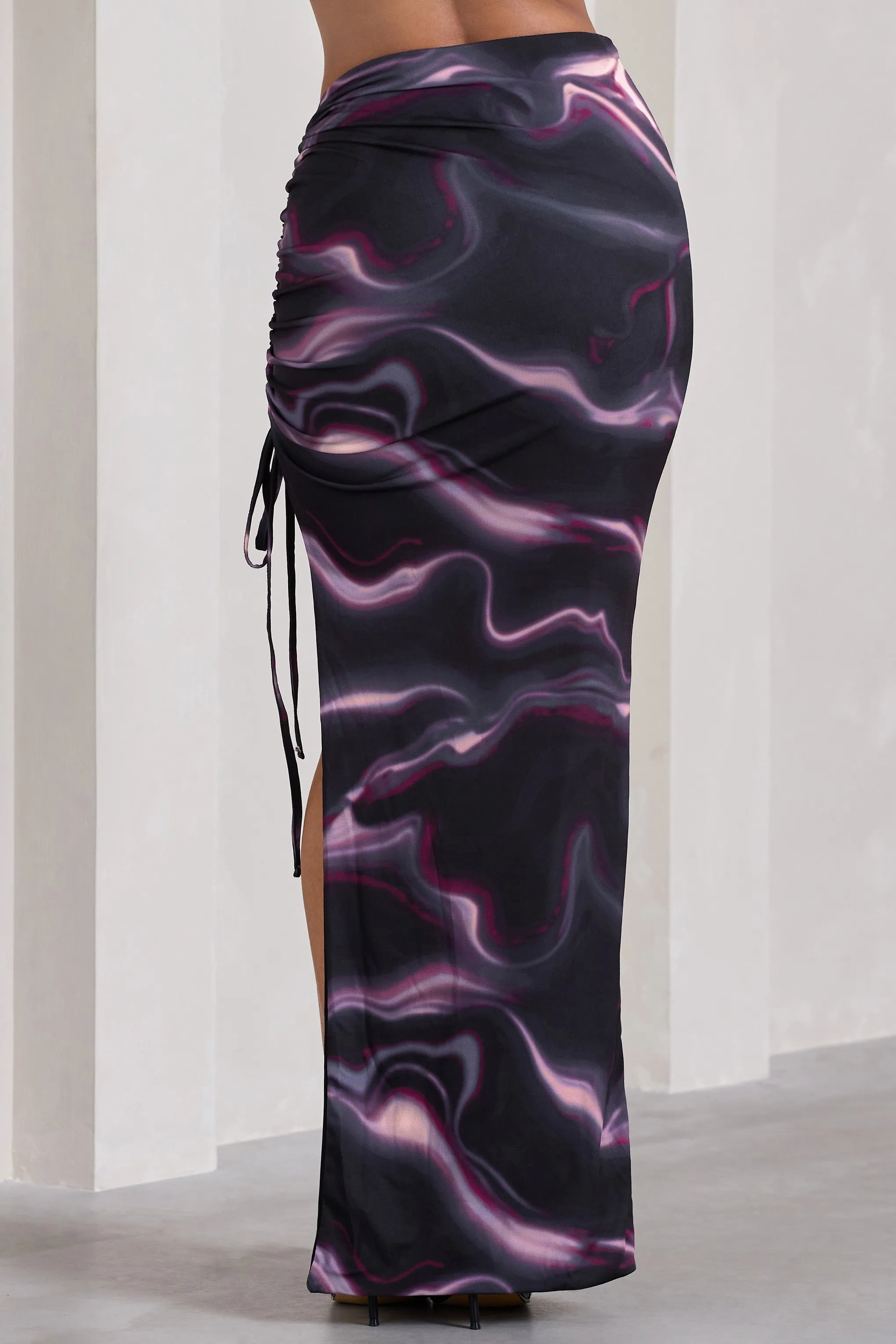 In The Air | Black Printed Ruched Asymmetric High-Waisted Maxi Skirt sold by Club L London product image thumbnail 3