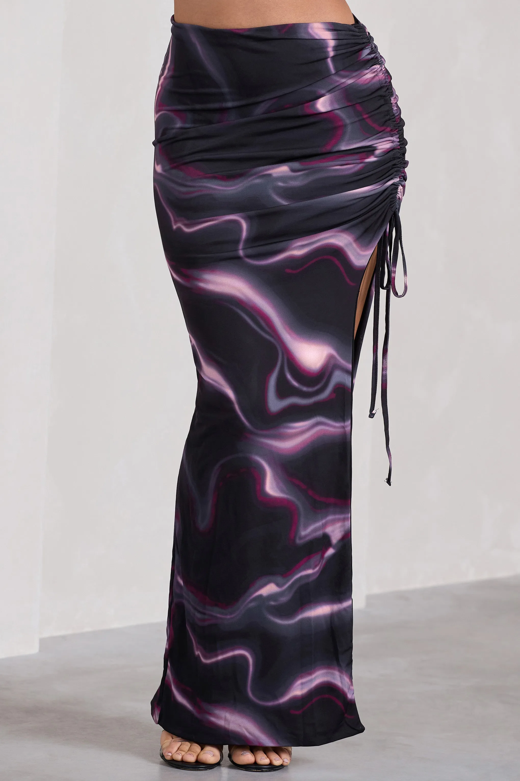 In The Air | Black Printed Ruched Asymmetric High-Waisted Maxi Skirt sold by Club L London product image thumbnail 2