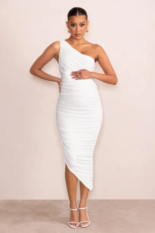 Late Night | White Maternity Ruched One Shoulder Midi Dress sold by Club L London