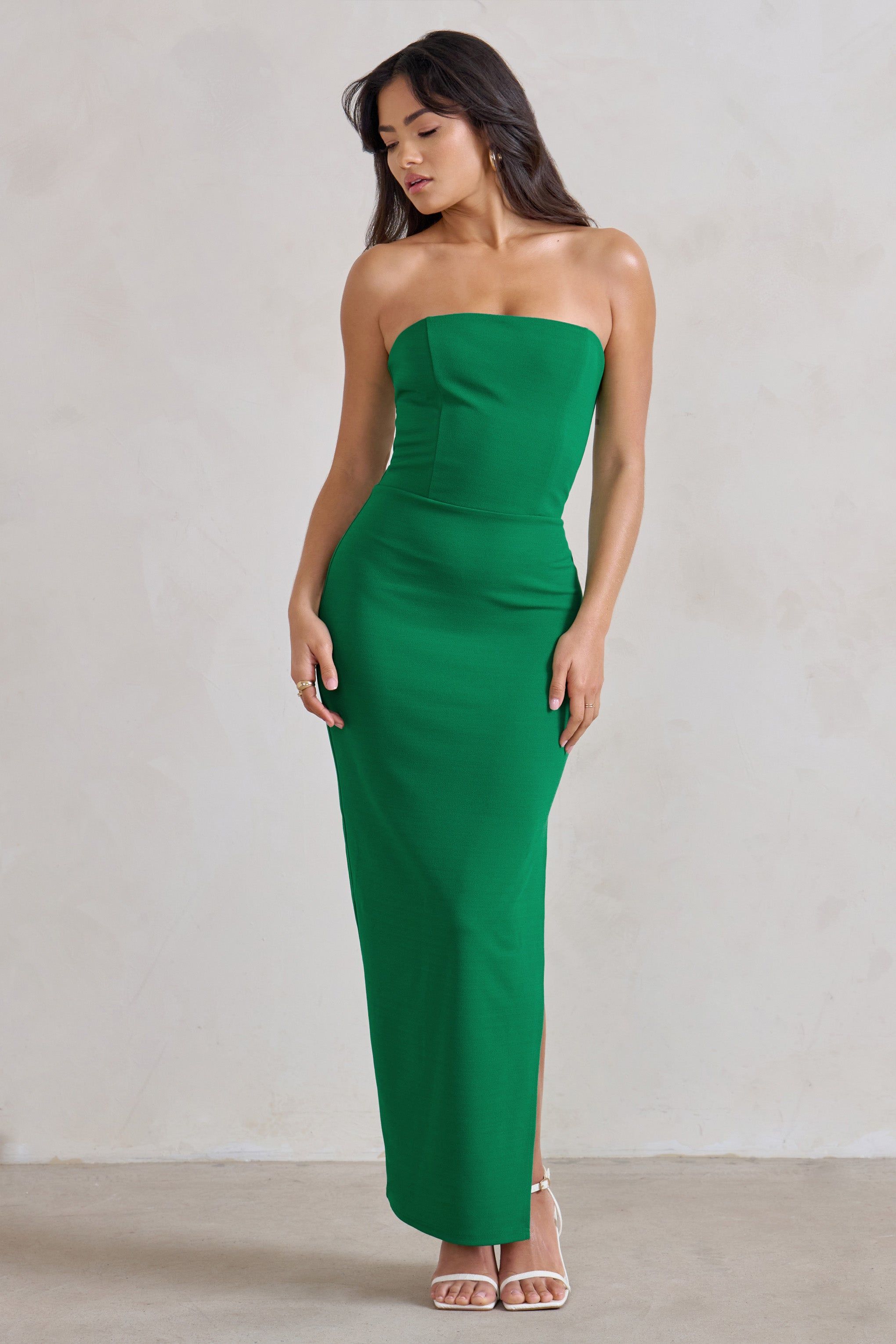 Dina | Green Bandeau Maxi Dress With Split sold by Club L London