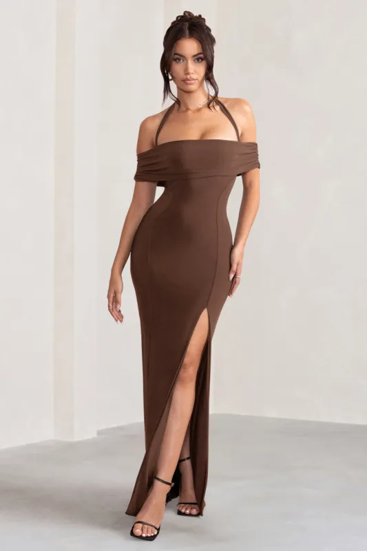 Anisa | Chocolate Brown Layered Halter Neck Bardot Maxi Dress With Thigh Split sold by Club L London