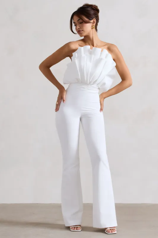 Nicia | White Ruffled Strapless Flared-Leg Jumpsuit sold by Club L London
