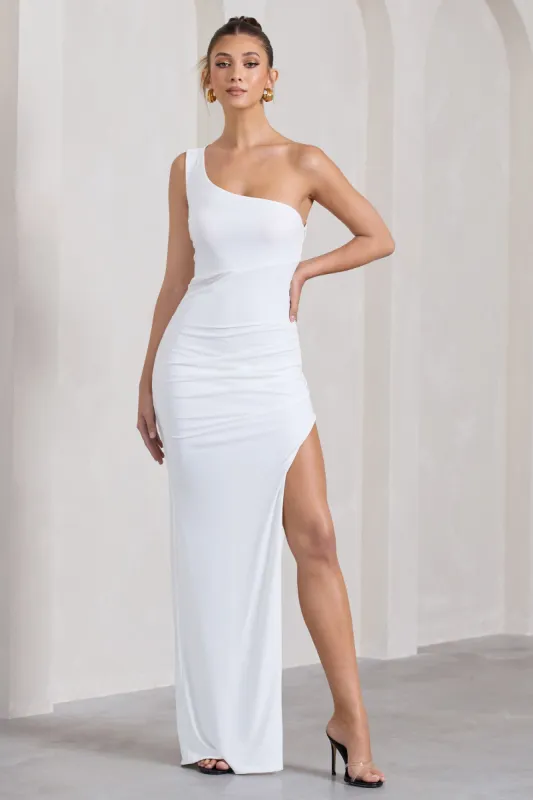 My Night | White One Shoulder Sleeveless Cut-Out Split Maxi Dress sold by Club L London