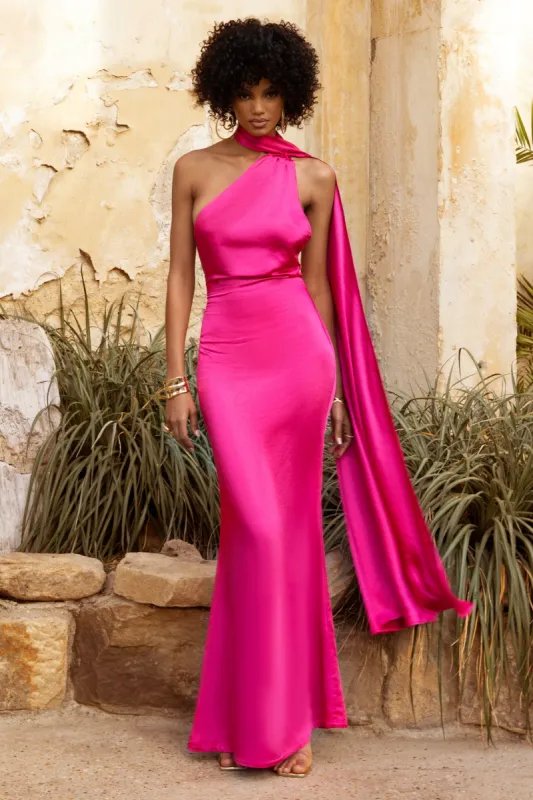 Mademoiselle | Hot Pink Asymmetric Scarf Neck Backless Maxi Dress sold by Club L London