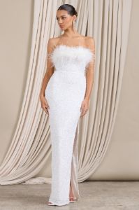 Old Money | White Bodycon Sequin Maxi Dress With Feather Trim sold by Club L London