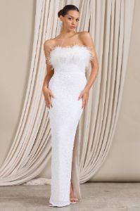 Old Money | White Bodycon Sequin Maxi Dress With Feather Trim sold by Club L London