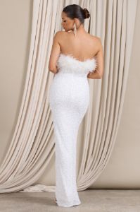 Old Money | White Bodycon Sequin Maxi Dress With Feather Trim sold by Club L London