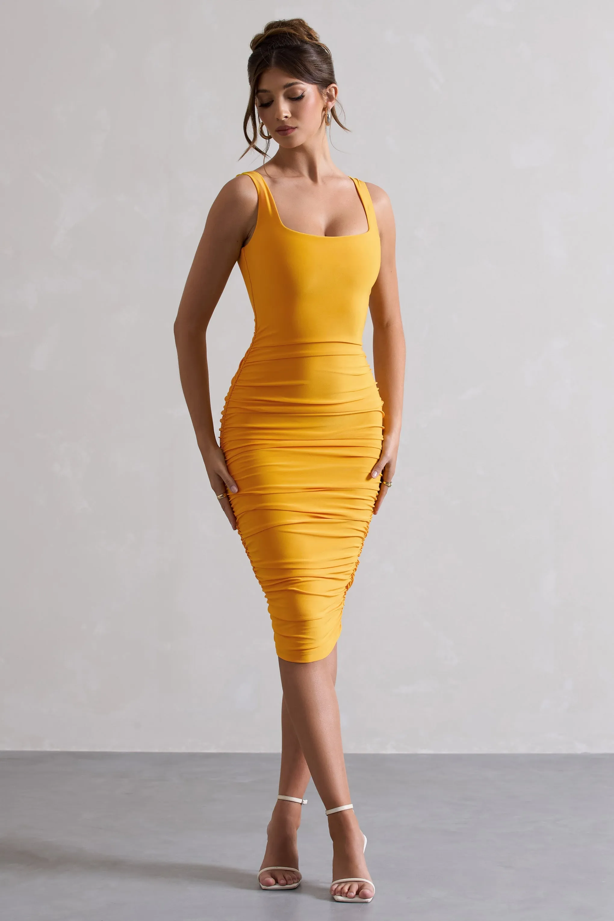 Lisbon | Mango Square Neck Ruched Midi Dress sold by Club L London