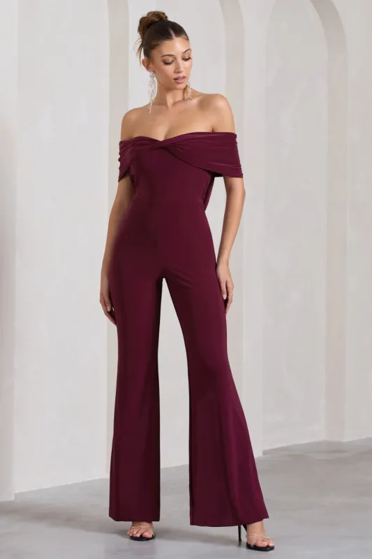 Gemma | Burgundy Bardot Open-Back Flared-Leg Jumpsuit sold by Club L London