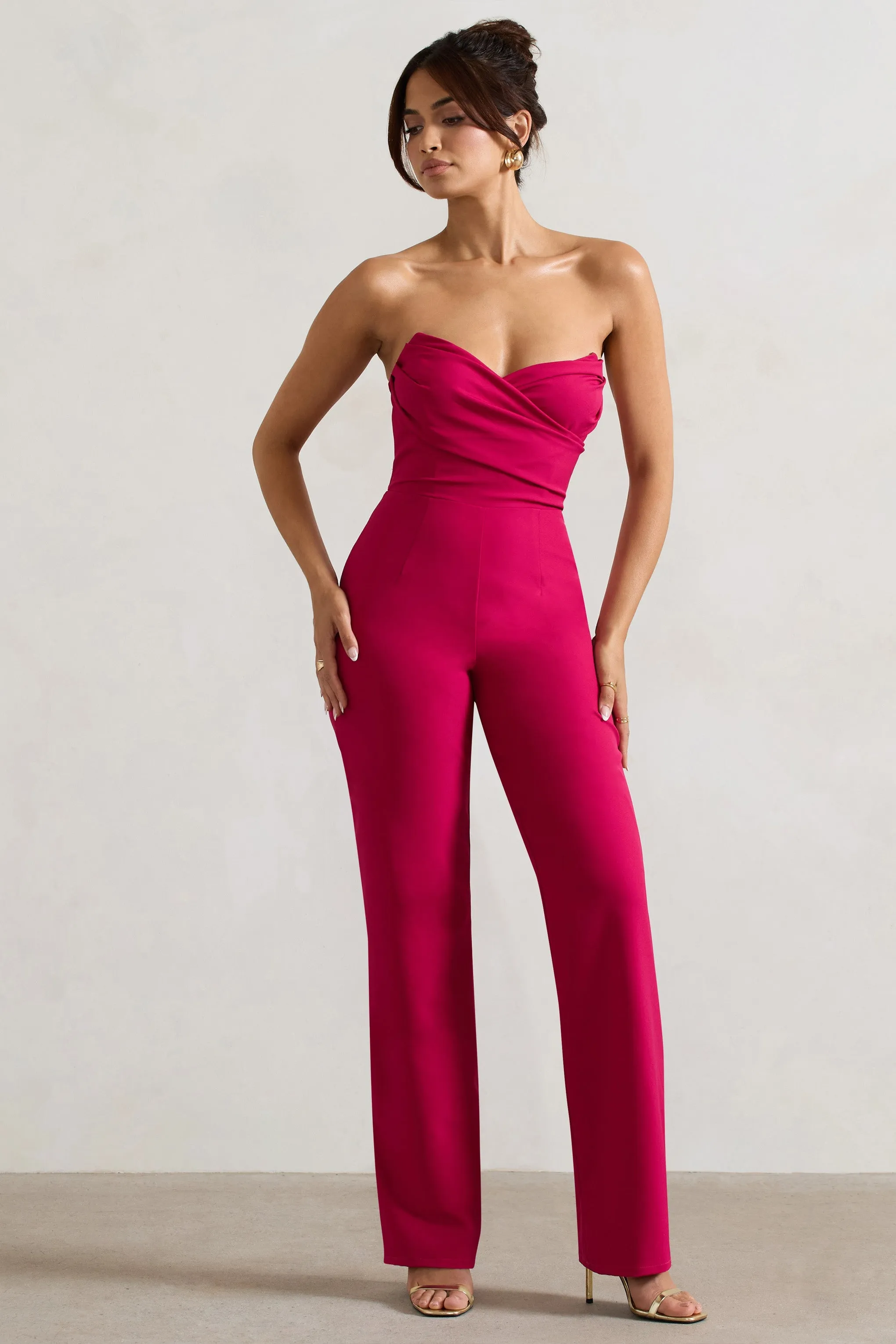Bellezza | Hot Pink Bandeau Corset Wide Leg Jumpsuit sold by Club L London product image thumbnail 4