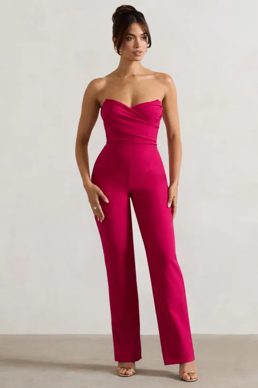 Bellezza | Hot Pink Bandeau Corset Wide Leg Jumpsuit sold by Club L London