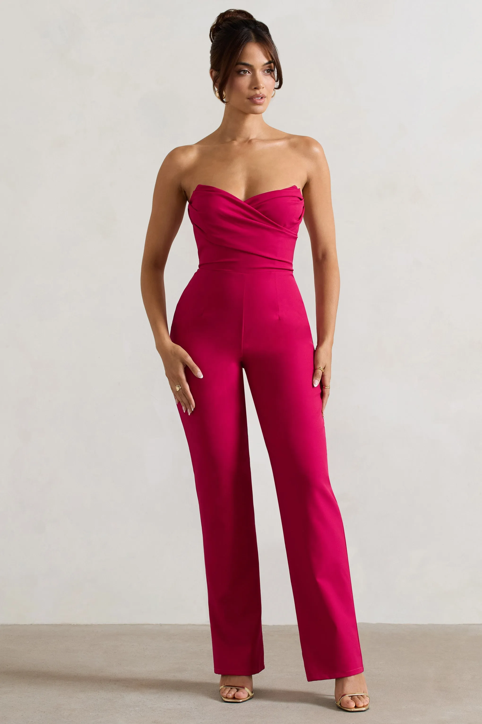 Bellezza | Hot Pink Bandeau Corset Wide Leg Jumpsuit sold by Club L London