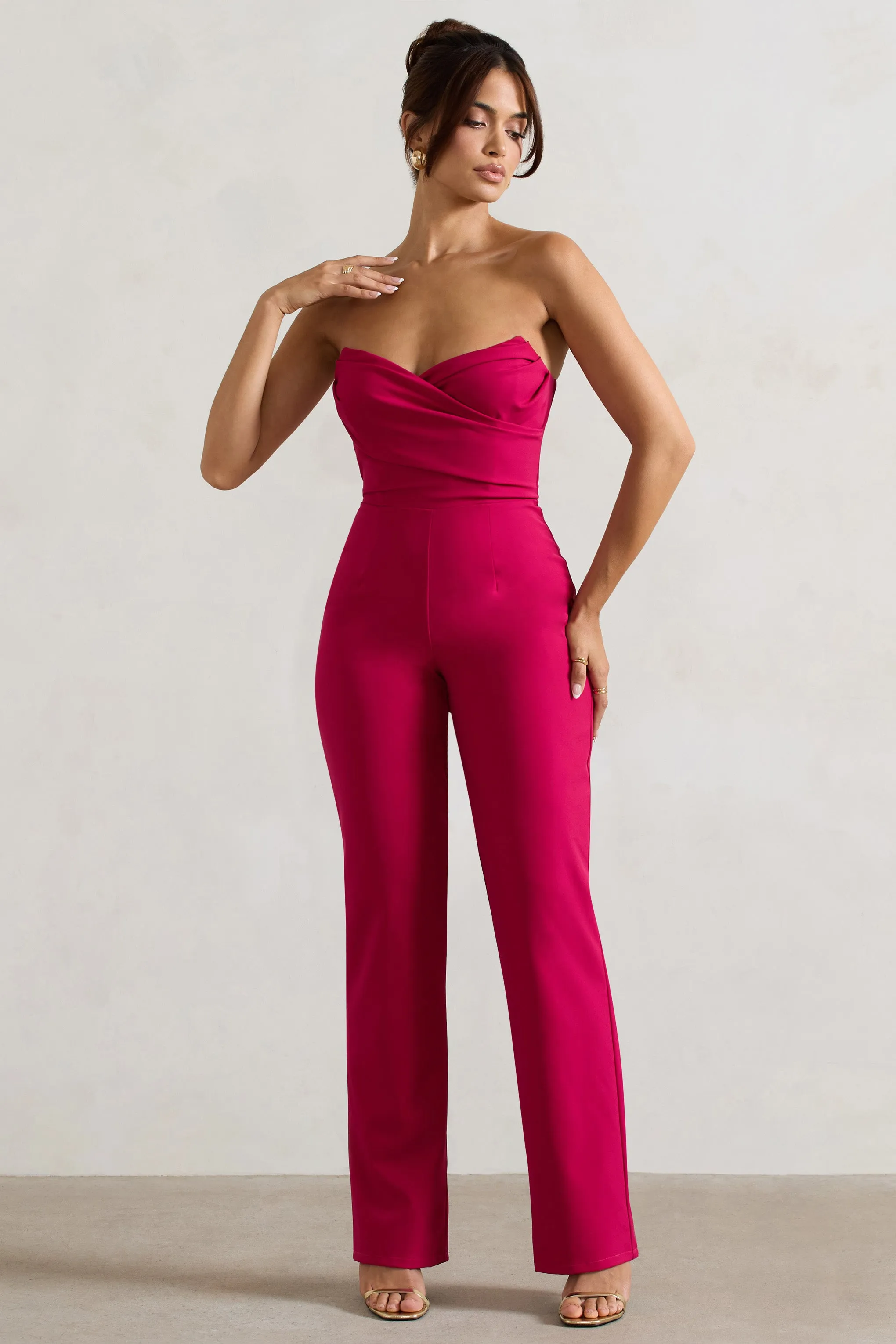 Bellezza | Hot Pink Bandeau Corset Wide Leg Jumpsuit sold by Club L London product image thumbnail 5