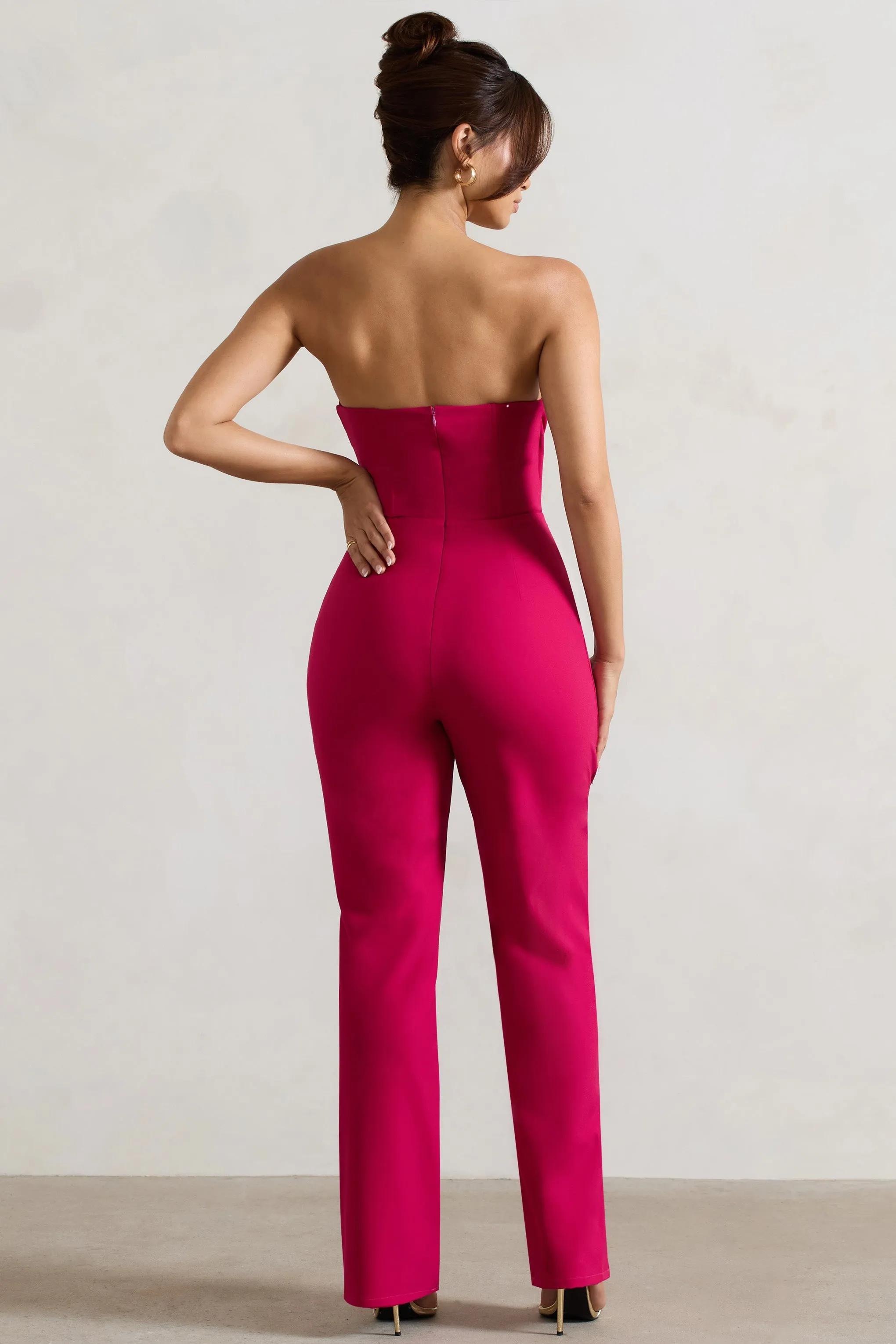 Bellezza | Hot Pink Bandeau Corset Wide Leg Jumpsuit sold by Club L London product image thumbnail 2