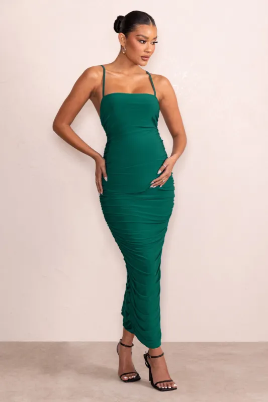 Sentimental | Bottle Green Maternity Midi Dress with Cami Straps and Ruching sold by Club L London