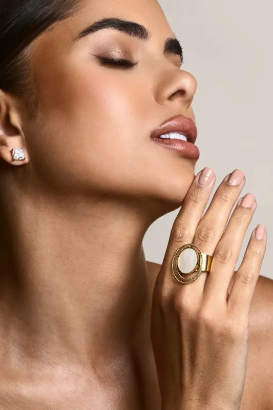 Arista | Gold Adjustable Pearl Pendant Ring sold by Club L London