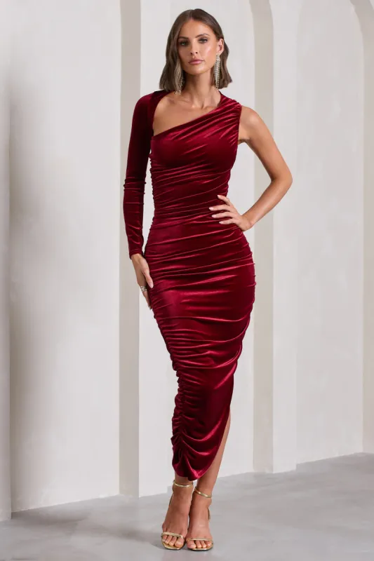 Northern Light | Berry Velvet Asymmetric One-Sleeved Midi Dress sold by Club L London