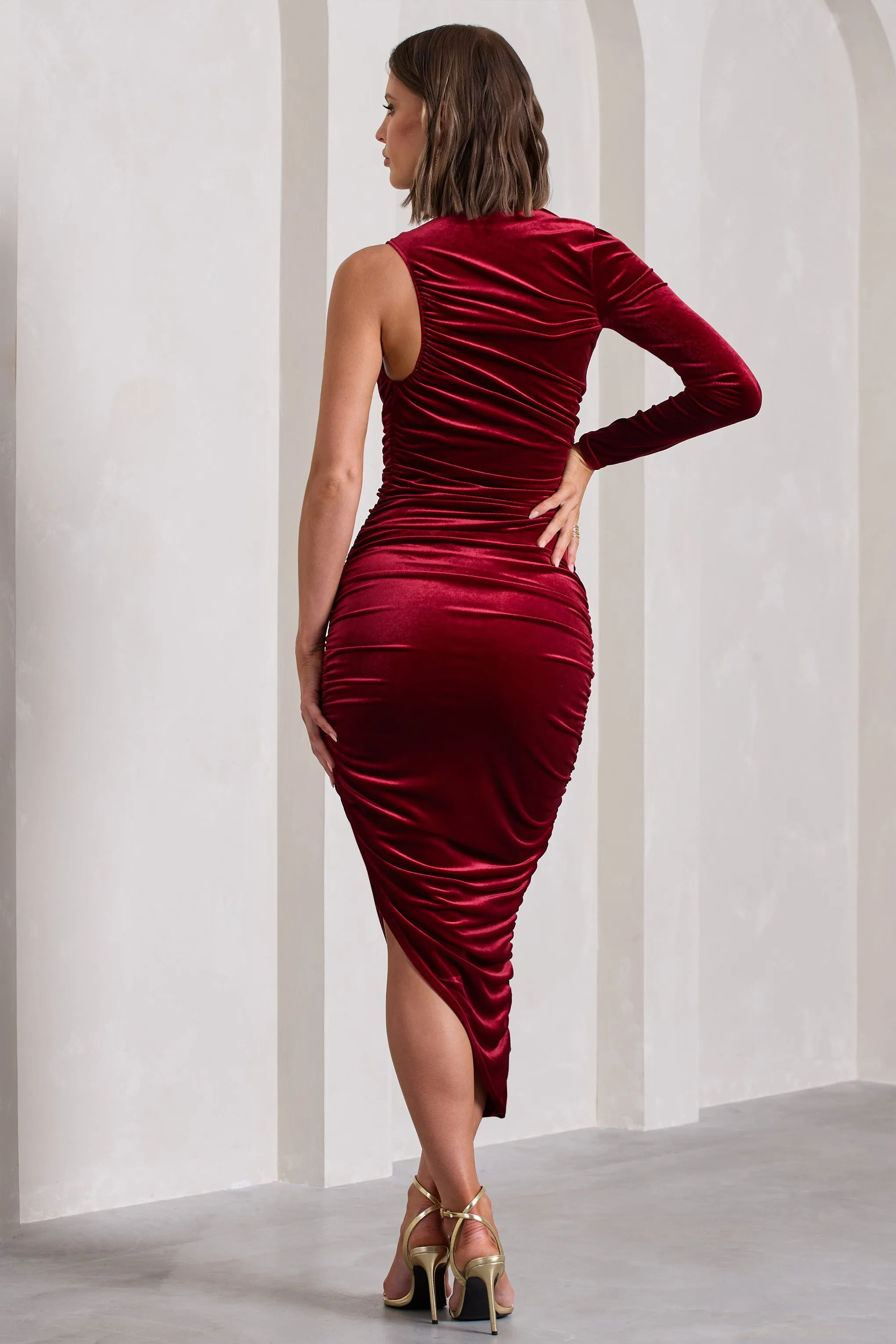 Northern Light | Berry Velvet Asymmetric One-Sleeved Midi Dress sold by Club L London product image thumbnail 2