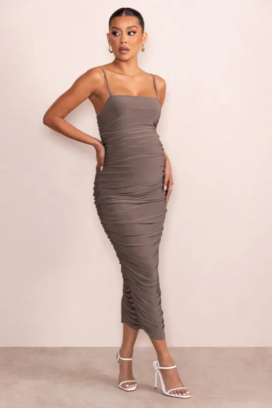 Sentimental | Mocha Maternity Midi Dress with Cami Straps and Ruching sold by Club L London
