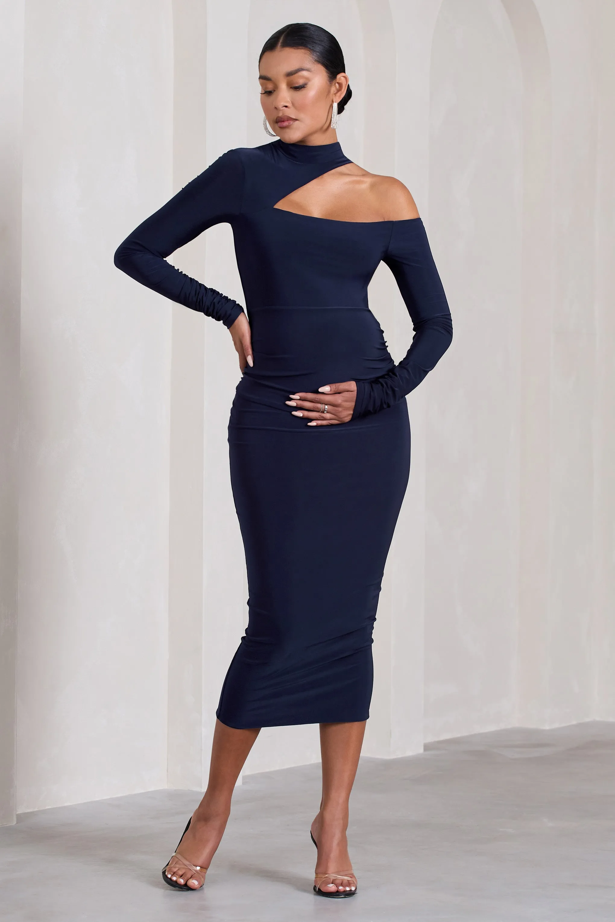 Just Dream | Navy Asymmetric High-Neck Cut-Out Maternity Midi Dress sold by Club L London product image thumbnail 5