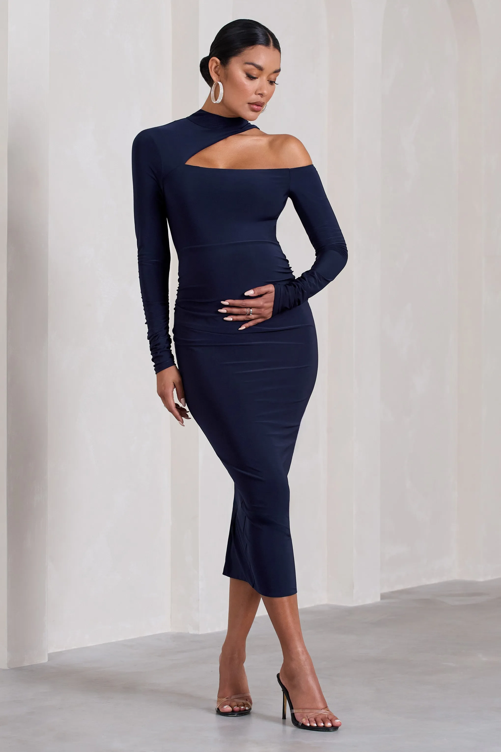 Just Dream | Navy Asymmetric High-Neck Cut-Out Maternity Midi Dress sold by Club L London
