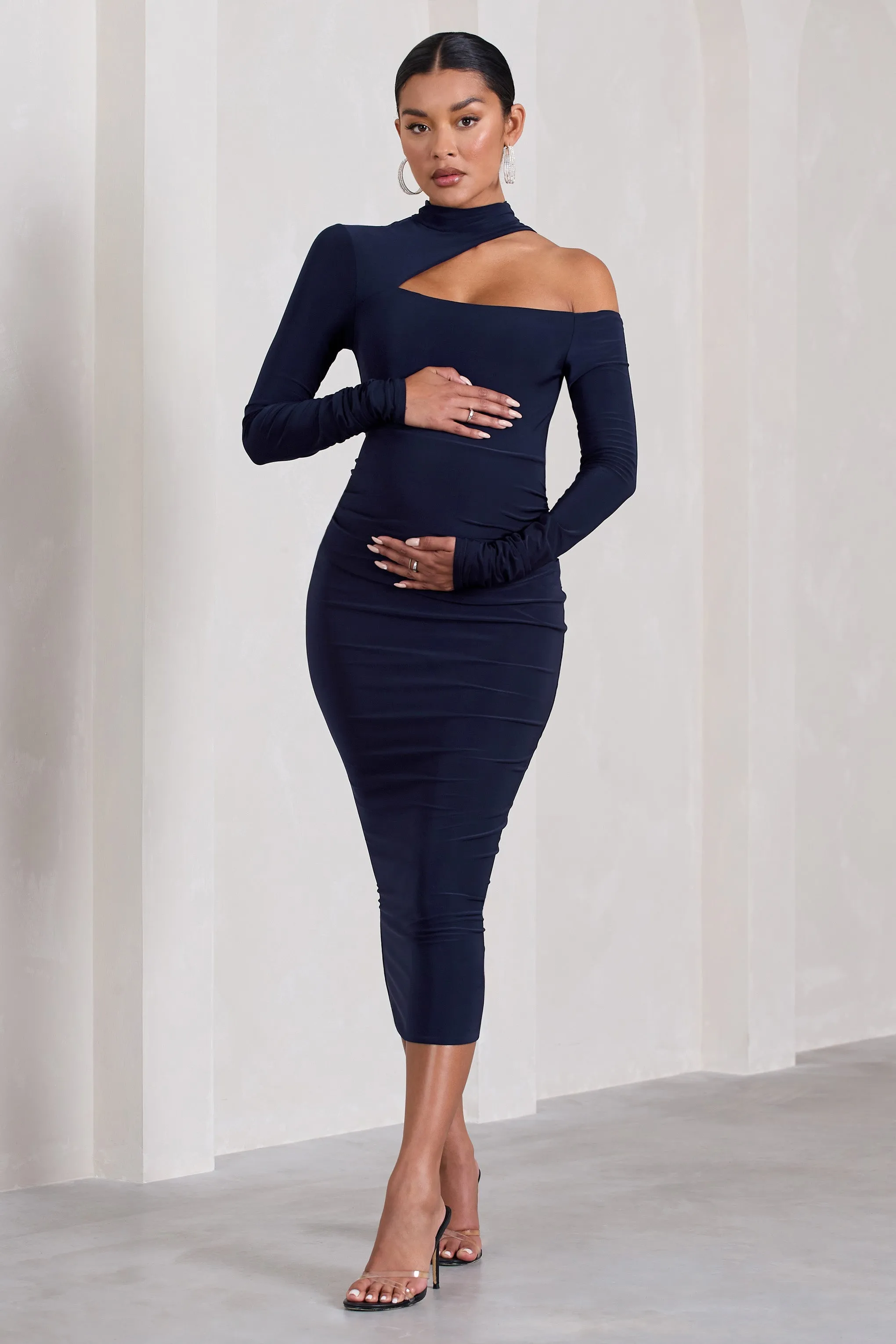 Just Dream | Navy Asymmetric High-Neck Cut-Out Maternity Midi Dress sold by Club L London product image thumbnail 4
