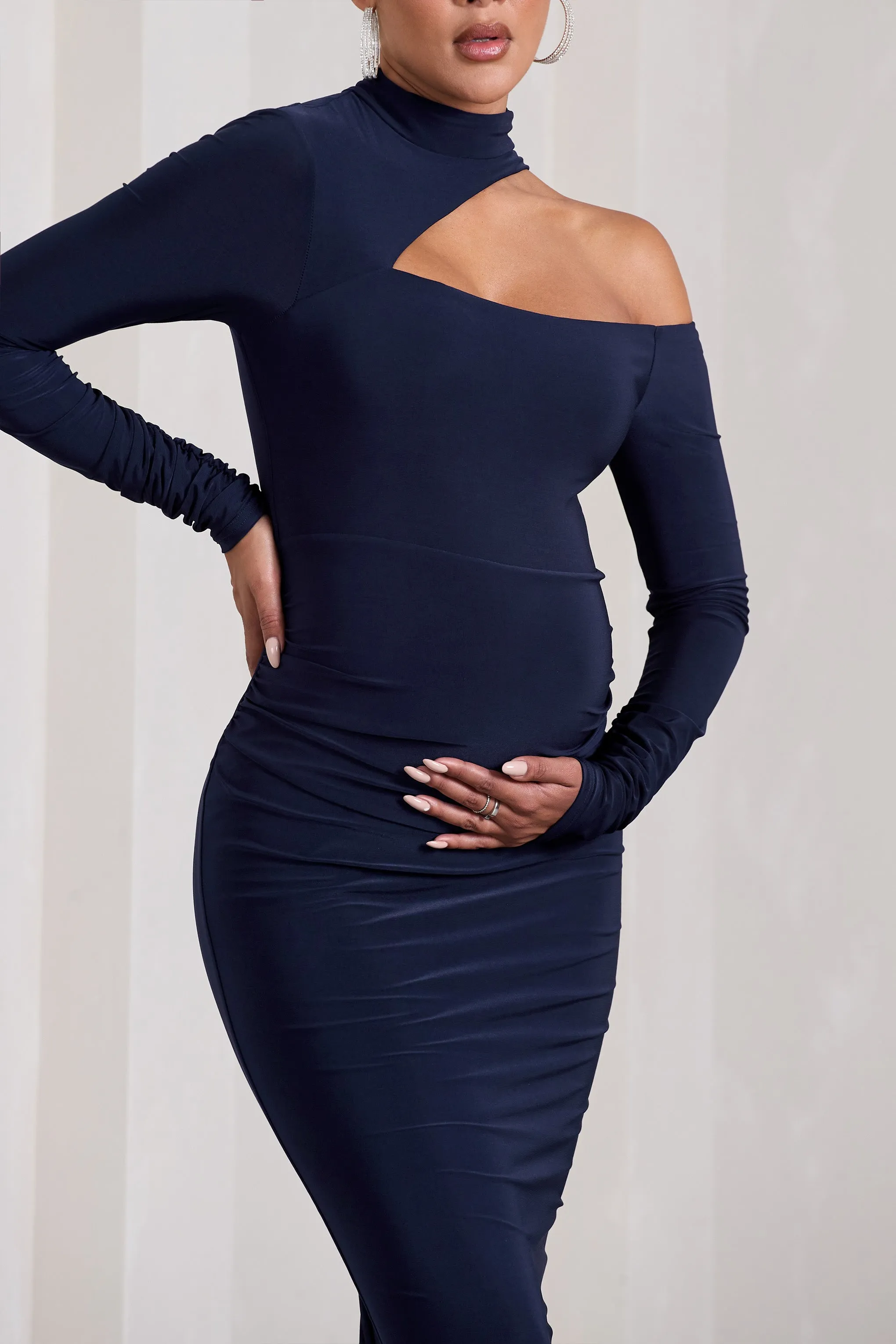 Just Dream | Navy Asymmetric High-Neck Cut-Out Maternity Midi Dress sold by Club L London product image thumbnail 3
