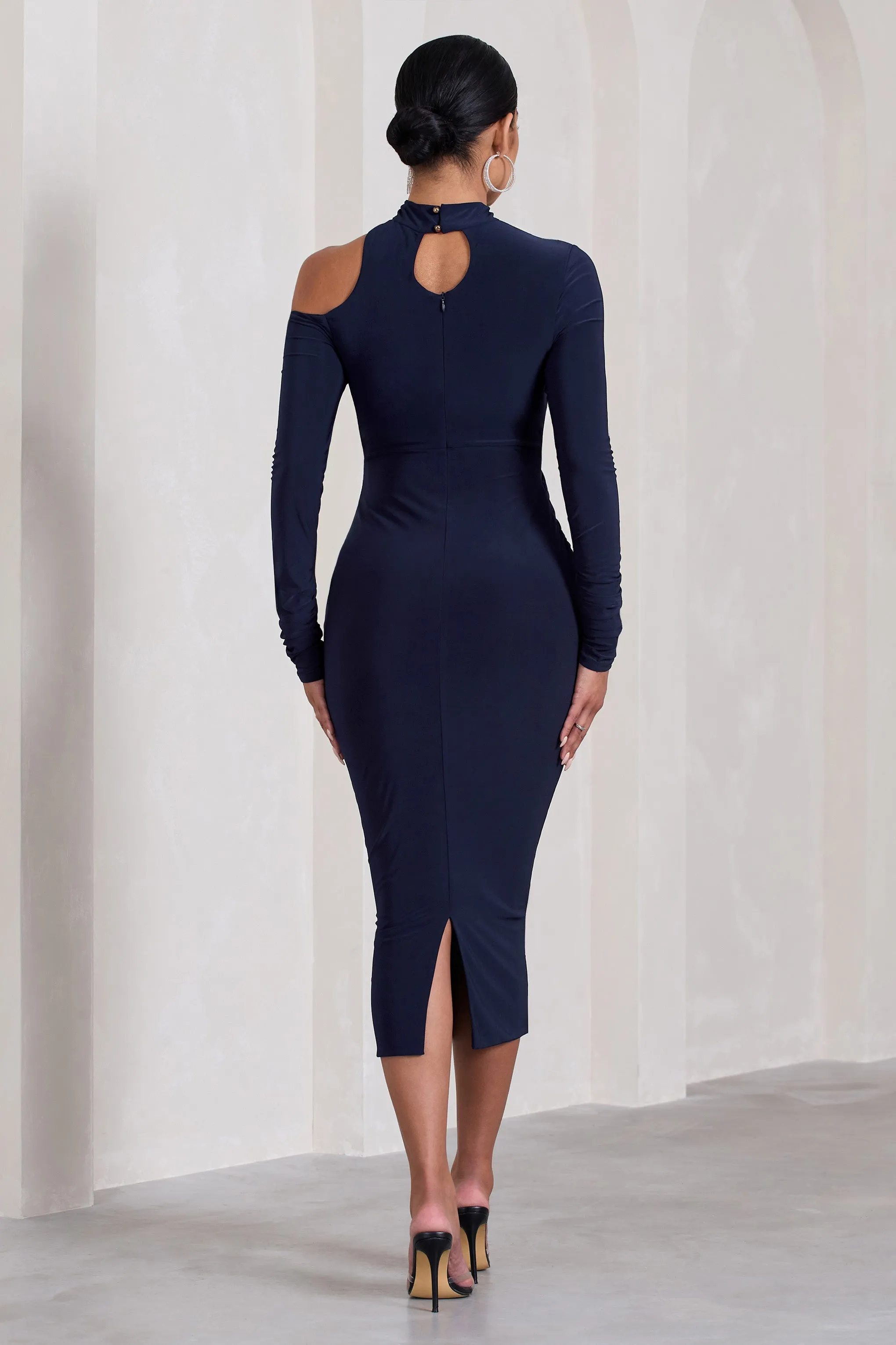 Just Dream | Navy Asymmetric High-Neck Cut-Out Maternity Midi Dress sold by Club L London product image thumbnail 2