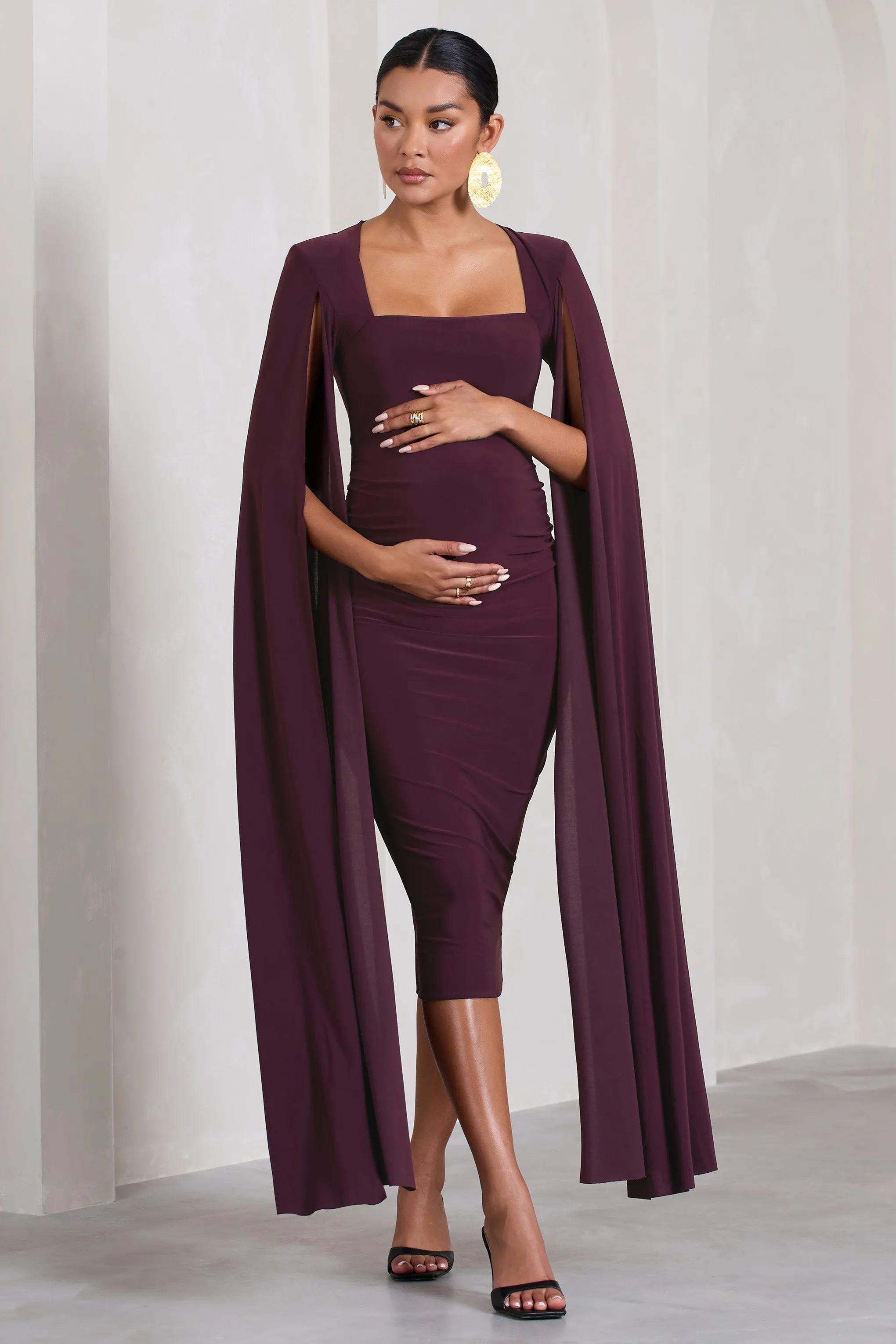 Flawless | Plum Maternity Square Neck Midi Dress With Cape Sleeves sold by Club L London