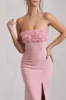 Allegra | Pink Bandeau Split Fishtail Maxi Dress With Flowers sold by Club L London
