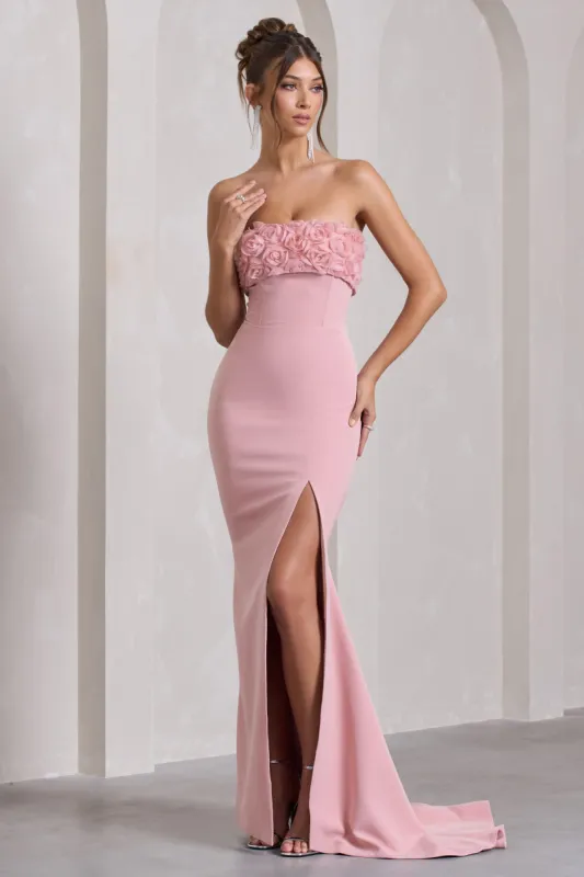 Allegra | Pink Bandeau Split Fishtail Maxi Dress With Flowers sold by Club L London