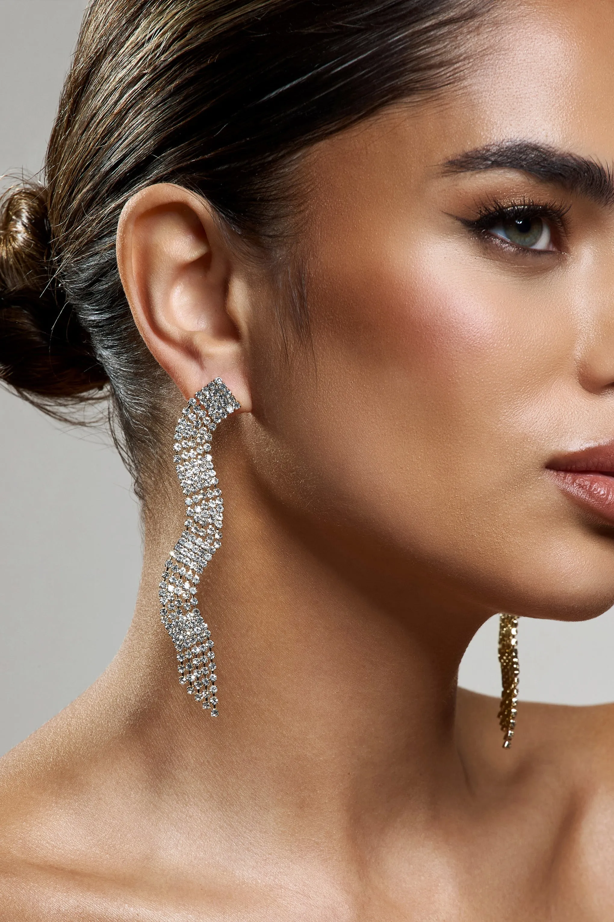 Swirl | Gold Diamante Curve Tassel Earrings sold by Club L London product image thumbnail 4