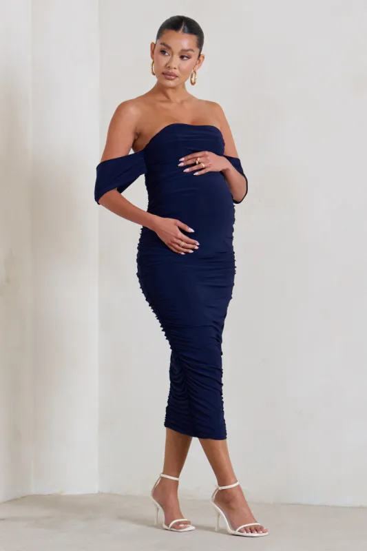 Plus One | Navy Ruched Bardot Midi Dress sold by Club L London
