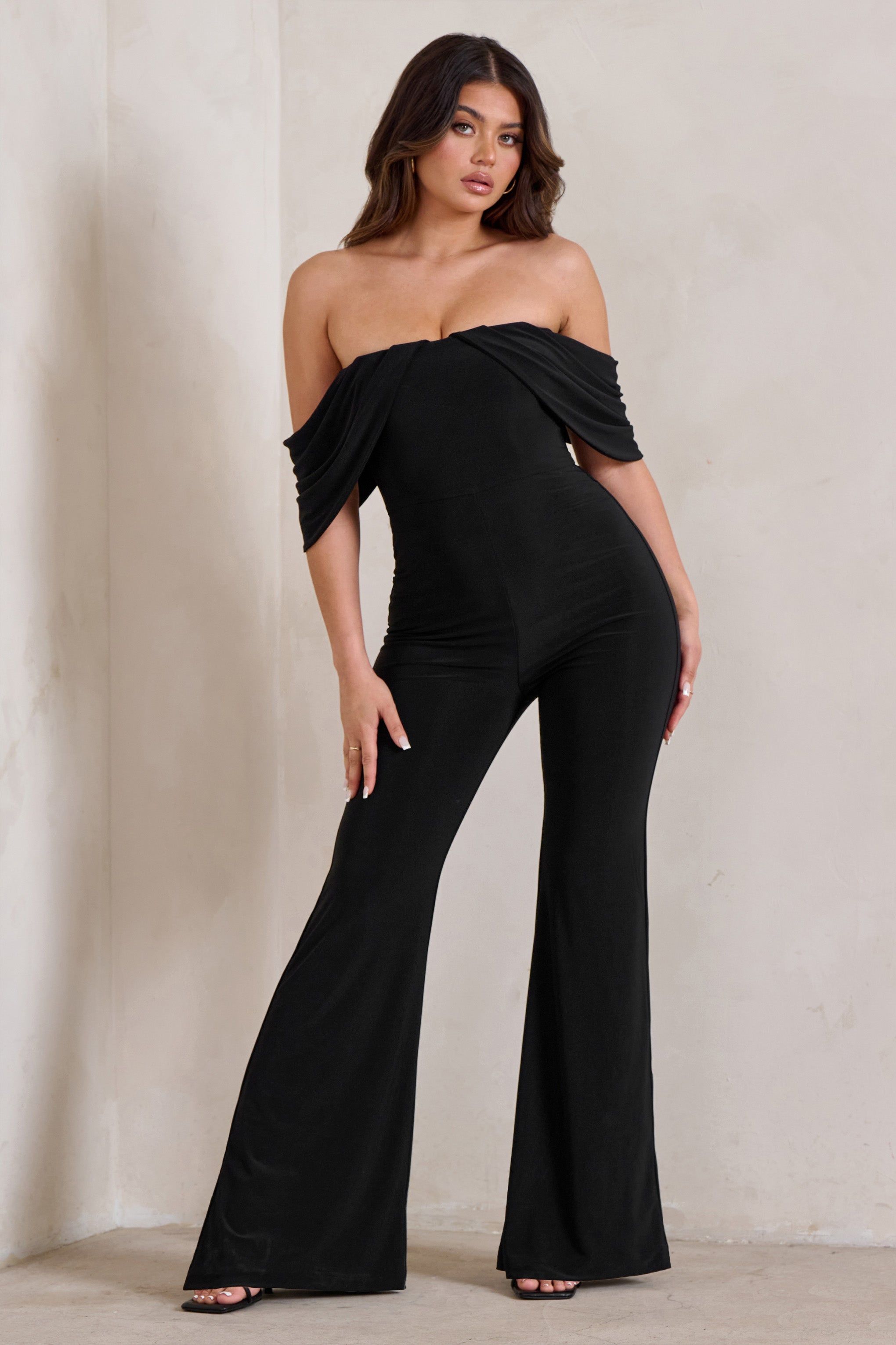 Bonnie | Black Bardot Drape Sleeve Jumpsuit sold by Club L London