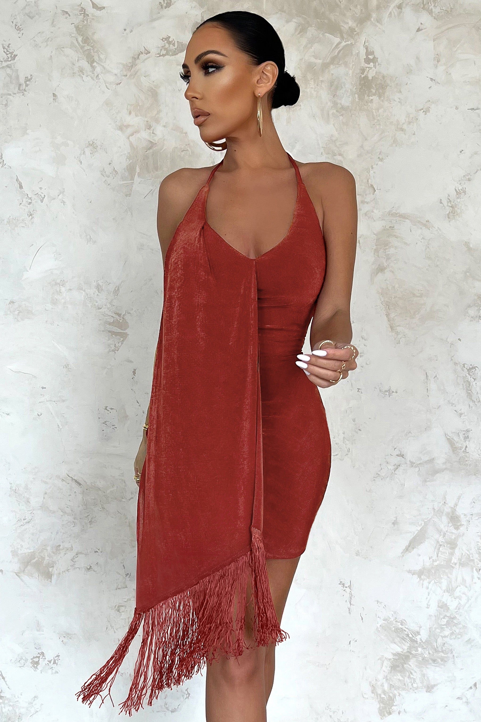 High Summer | Rust Plunge Mini Dress With Tassel Detail sold by Club L London product image thumbnail 4