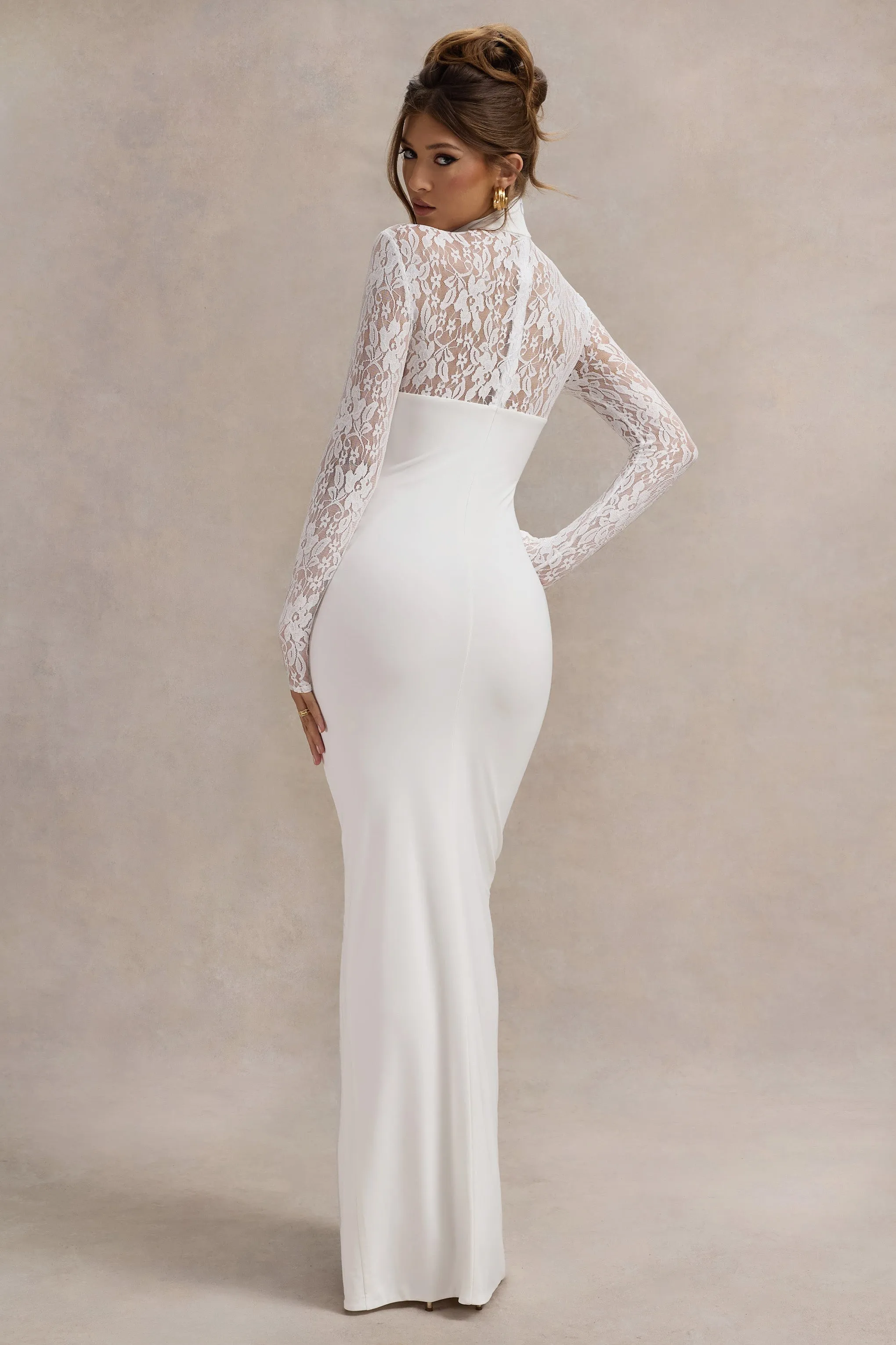 Arden | White High-Neck Split Maxi Dress With Lace Sleeves sold by Club L London product image thumbnail 2
