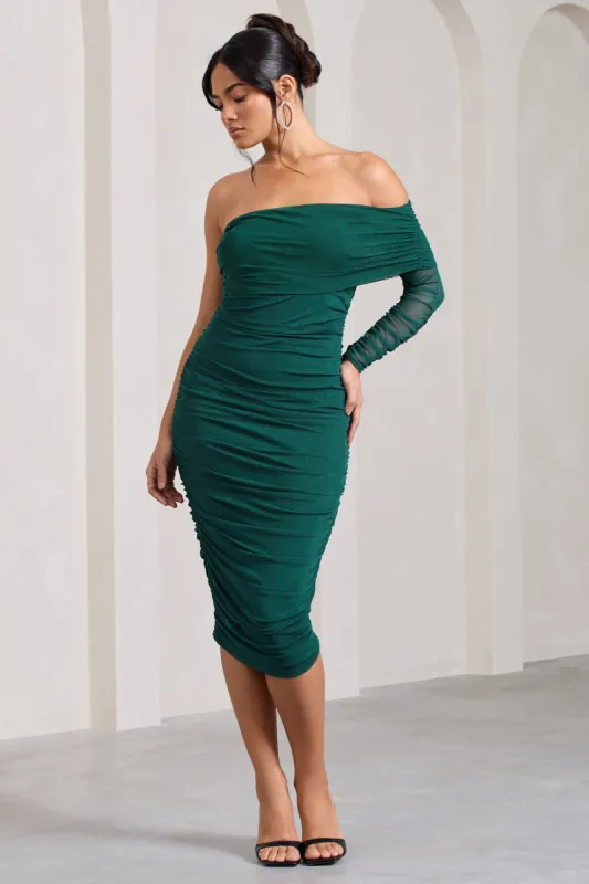 Bijou | Bottle Green Asymmetric Bardot Mesh Ruched Midi Dress sold by Club L London