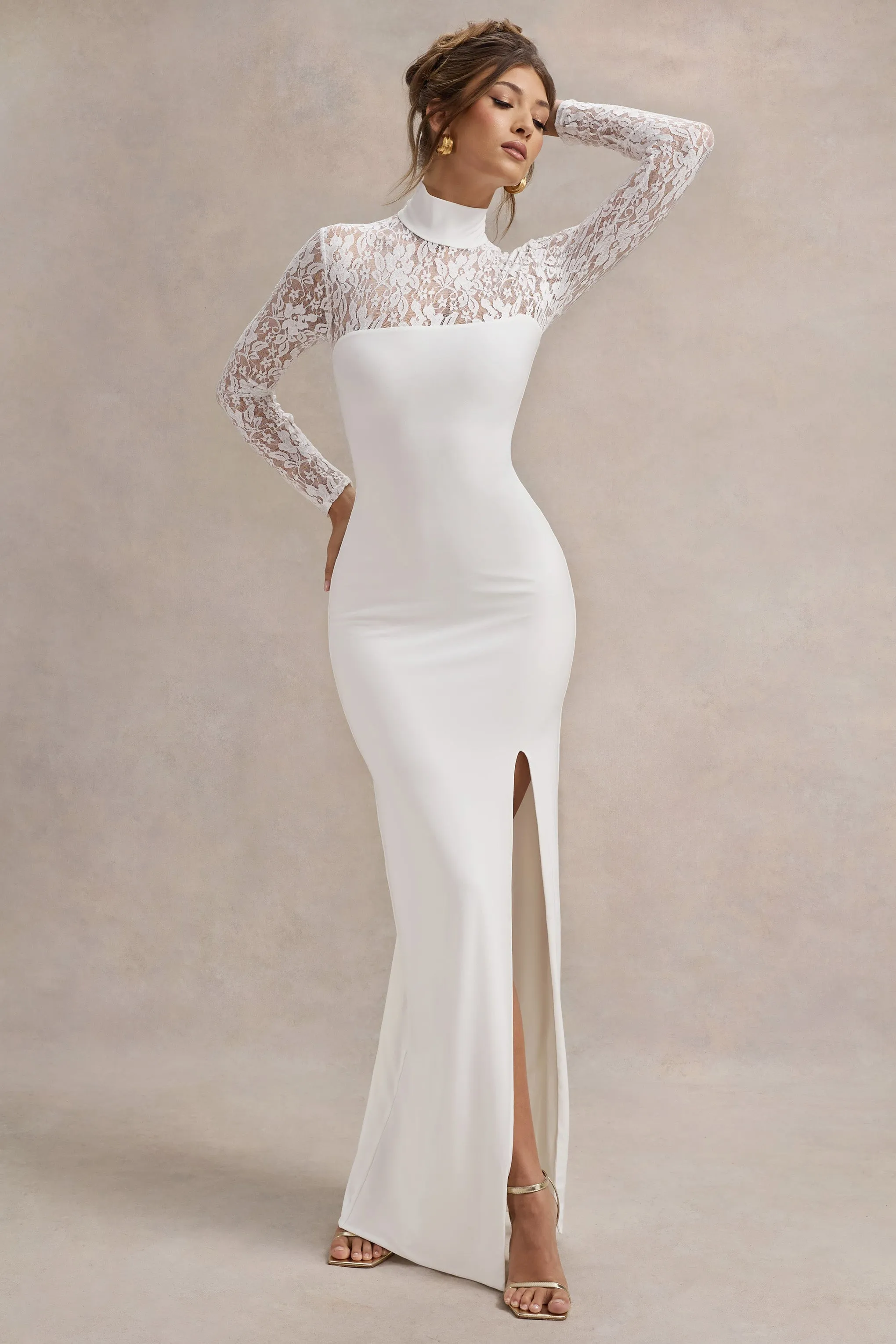 Arden | White High-Neck Split Maxi Dress With Lace Sleeves sold by Club L London product image thumbnail 5
