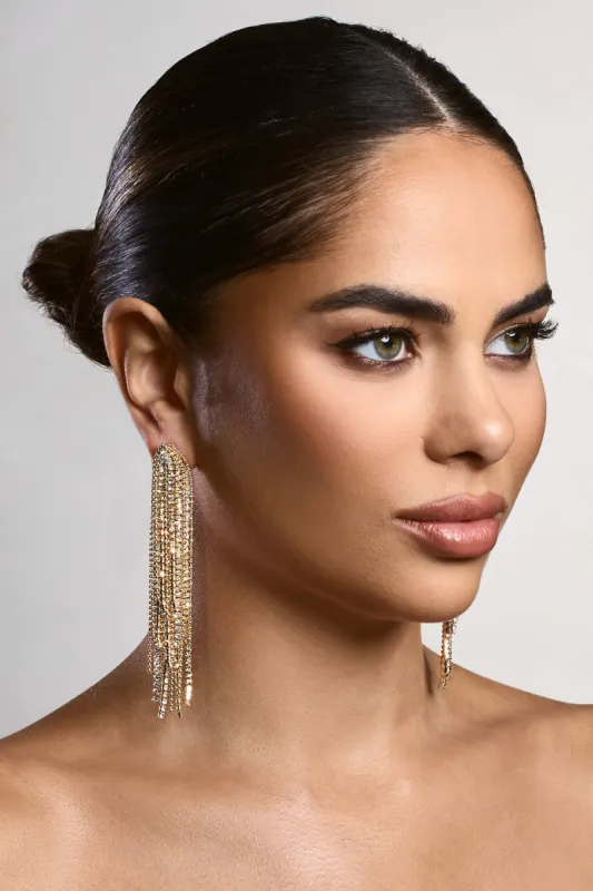 Erminia | Gold Diamante Chain Tassel Earrings sold by Club L London