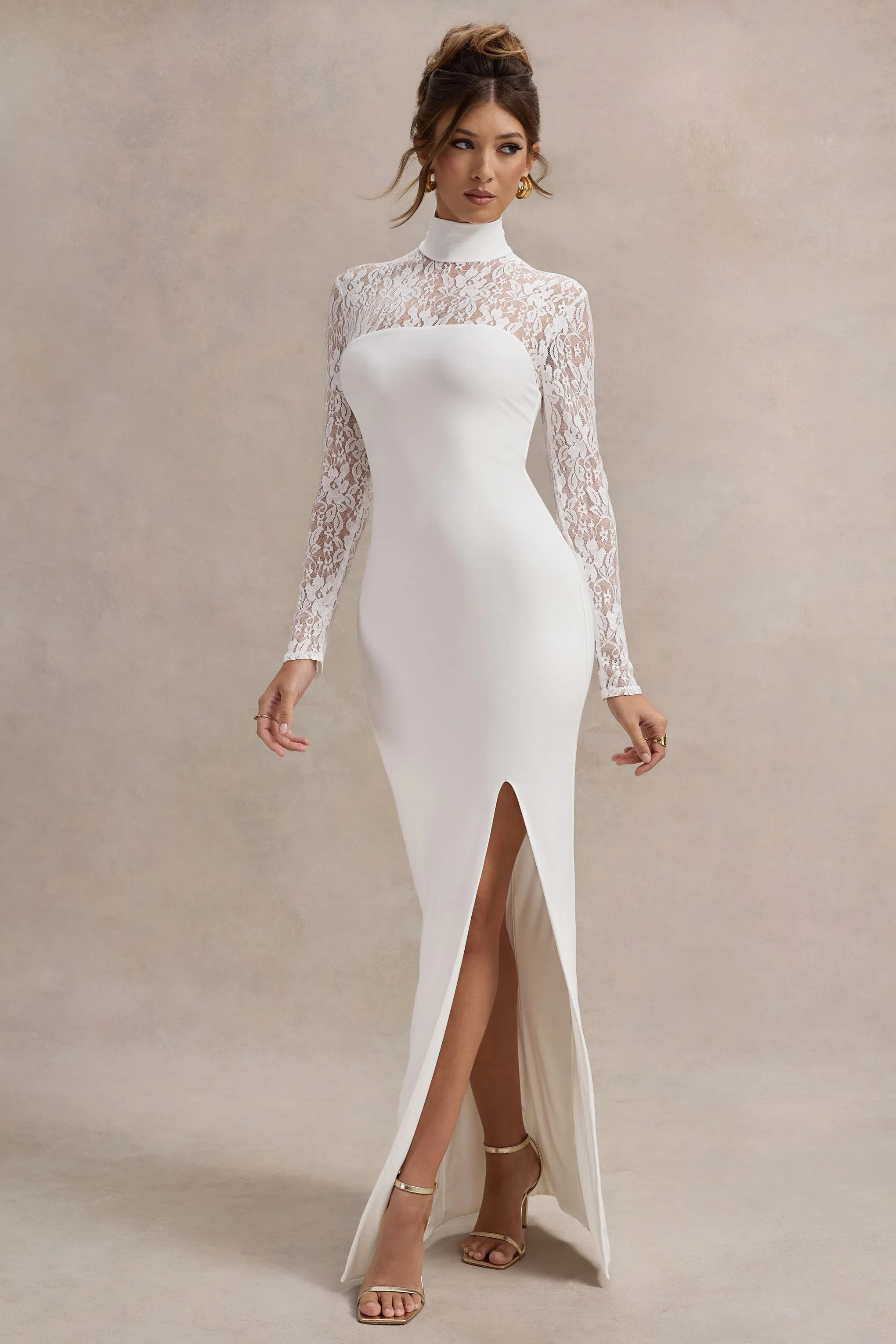 Arden | White High-Neck Split Maxi Dress With Lace Sleeves sold by Club L London product image thumbnail 4